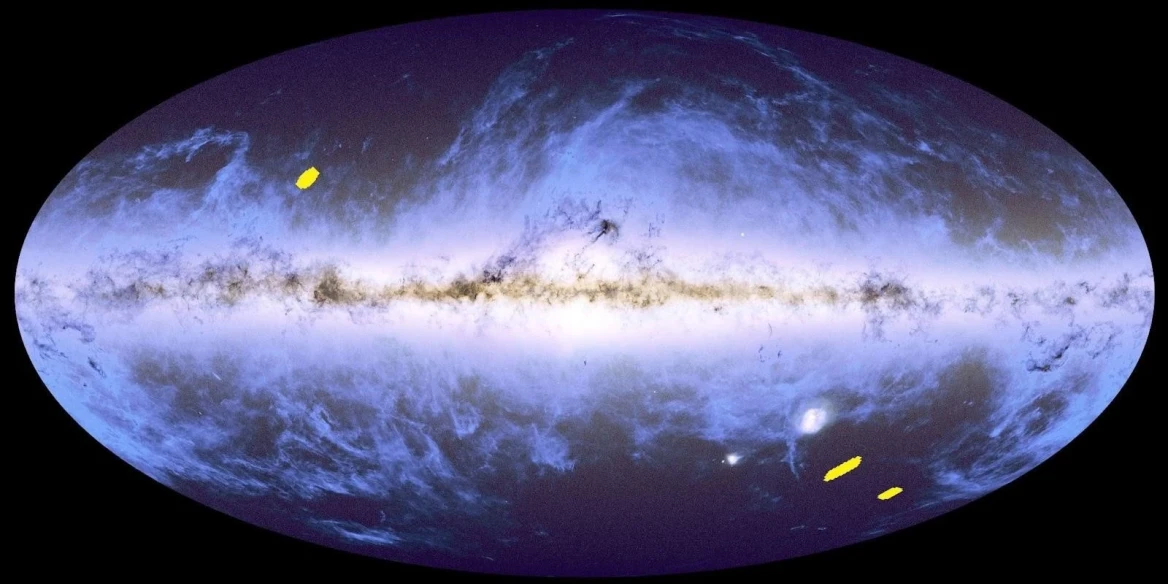 A Euclid Q1 területek helyzete a Gaia és Planck égbolt-térképén