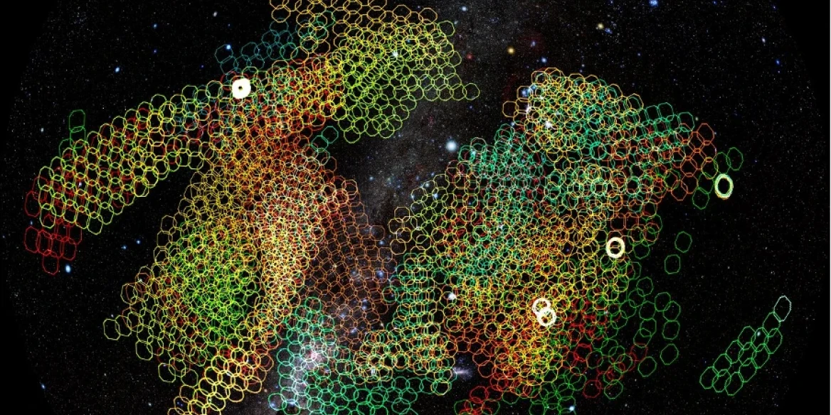 How much sky can Rubin observe in a single week? This map shows a representative week of Rubin Observatory observations for the Legacy Survey of Space and Time. The color of the tile represents the filter used for each exposure (u, g, r, i, z, and y), rev
